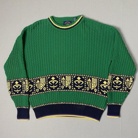 Salty Dog Gant Men's Green Chunky Cable Knit Cotton Oversized Sweater Large Crew - Picture 1 of 9